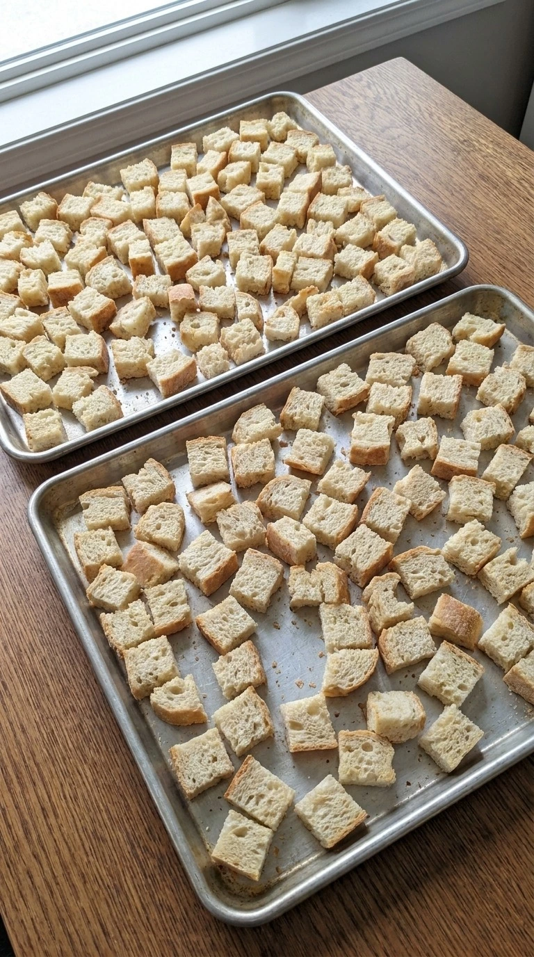 Crockpot Stuffing preparation showing dry one-inch sourdough bread cubes with pale golden edges on baking sheets. Recipe focus: easy crockpot stuffing.