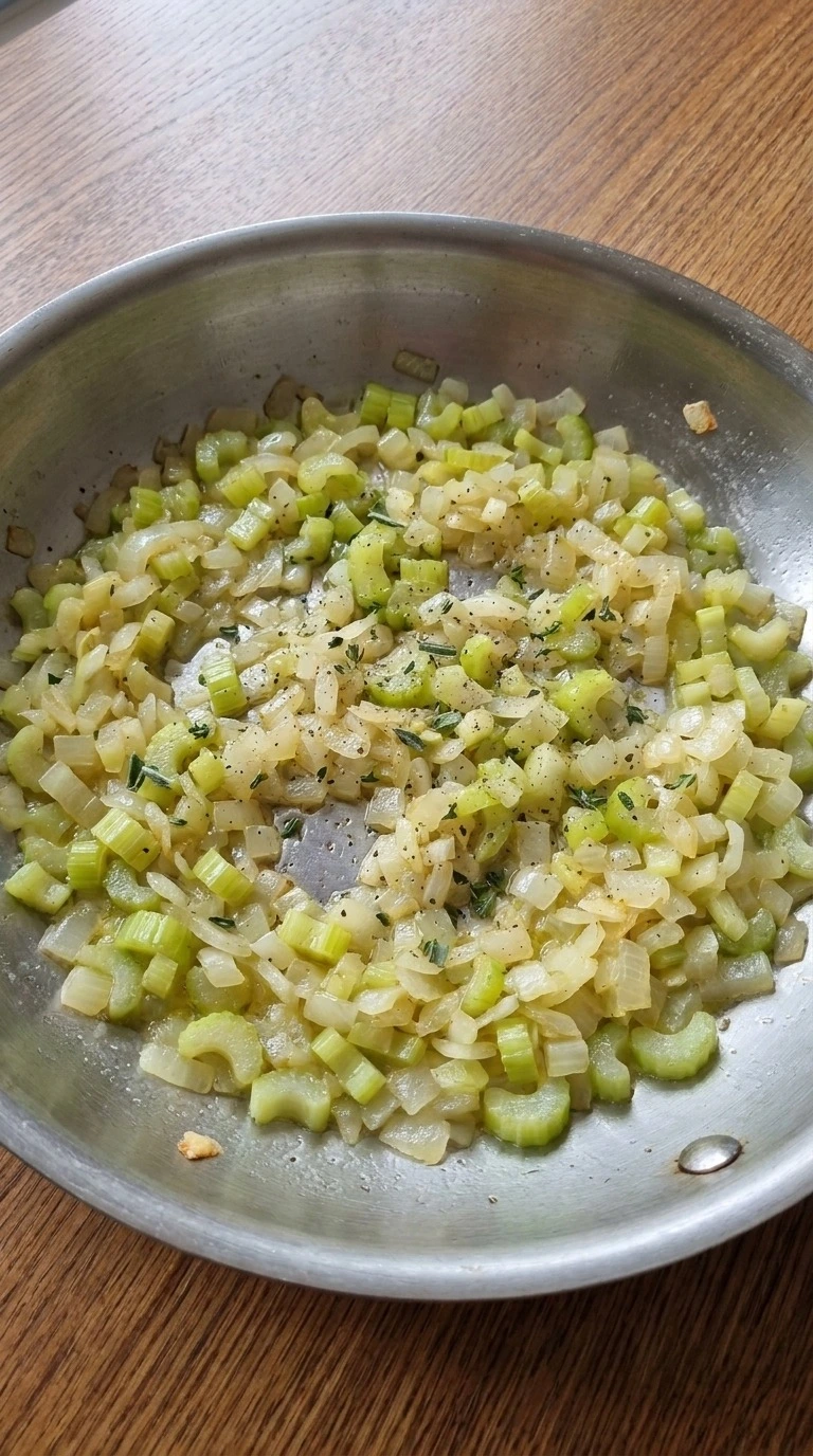 Crockpot Stuffing vegetables with translucent yellow onion, tender celery and sage mixed in melted butter. Recipe focus: crockpot stuffing recipe.