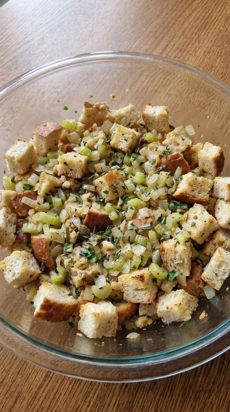 Crockpot Stuffing bread cubes folded with buttered celery, onion, fresh herbs and egg-enriched chicken broth. Recipe focus: thanksgiving crockpot stuffing.