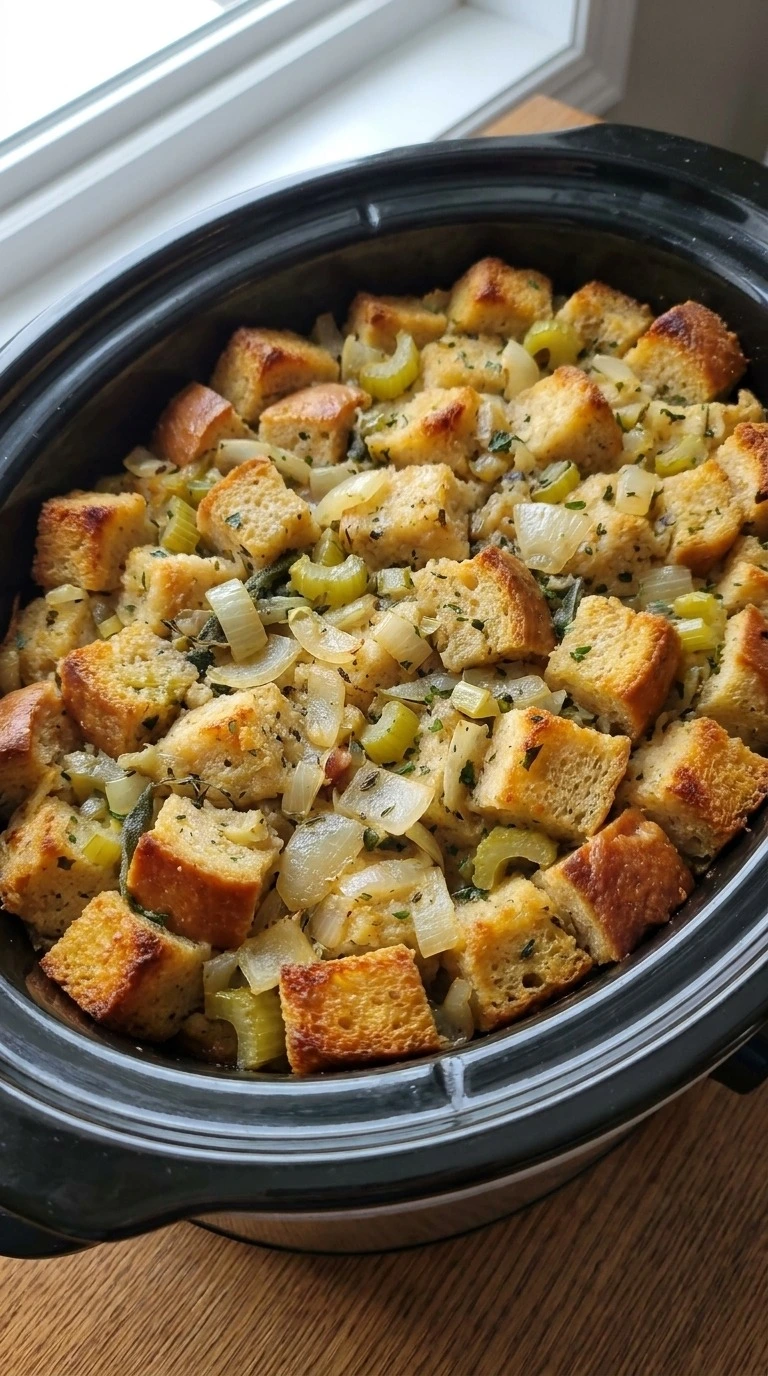 Crockpot Stuffing in a slow cooker with moist golden bread cubes, soft vegetables and lightly toasted edges. Recipe focus: easy crockpot stuffing.