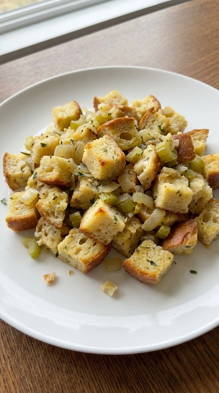 Crockpot Stuffing served on a white plate with golden sourdough cubes, tender celery and visible fresh herbs. Recipe focus: easy crockpot stuffing.