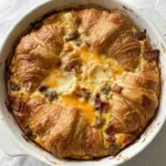 Croissant Breakfast Casserole with golden croissant layers and melted cheese Recipe focus: breakfast casserole with hashbrowns.