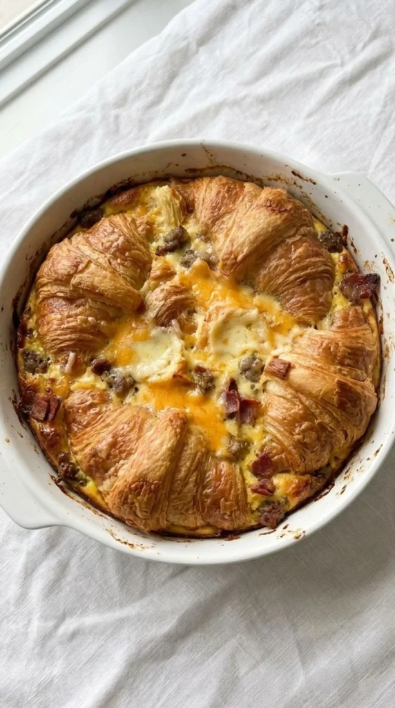 Croissant Breakfast Casserole with golden croissant layers and melted cheese Recipe focus: breakfast casserole with hashbrowns.
