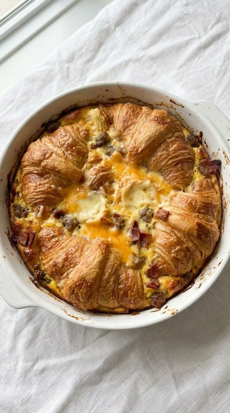 Croissant Breakfast Casserole with golden croissant layers and melted cheese Recipe focus: breakfast casserole with hashbrowns.
