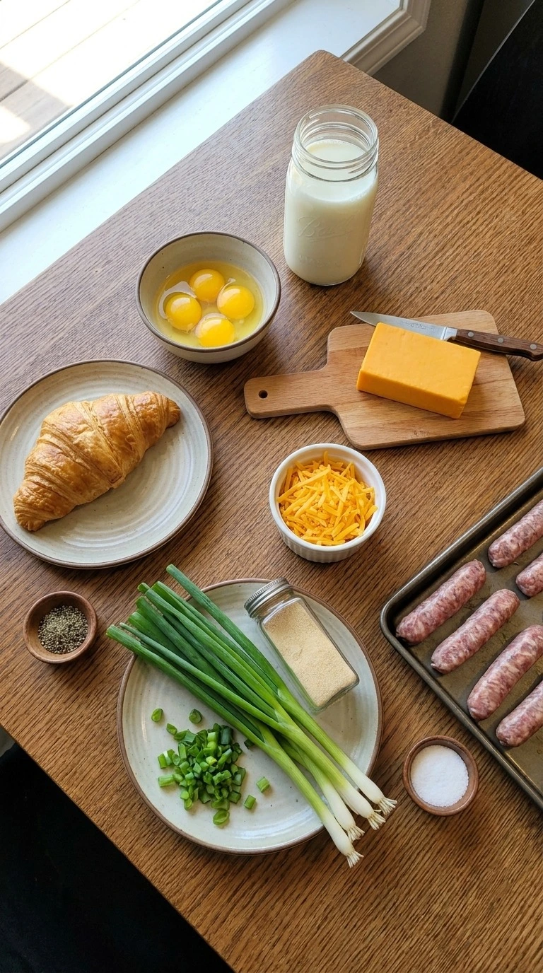 Croissant Breakfast Casserole ingredients with croissants eggs cheese and herbs Recipe focus: tater tot breakfast casserole.