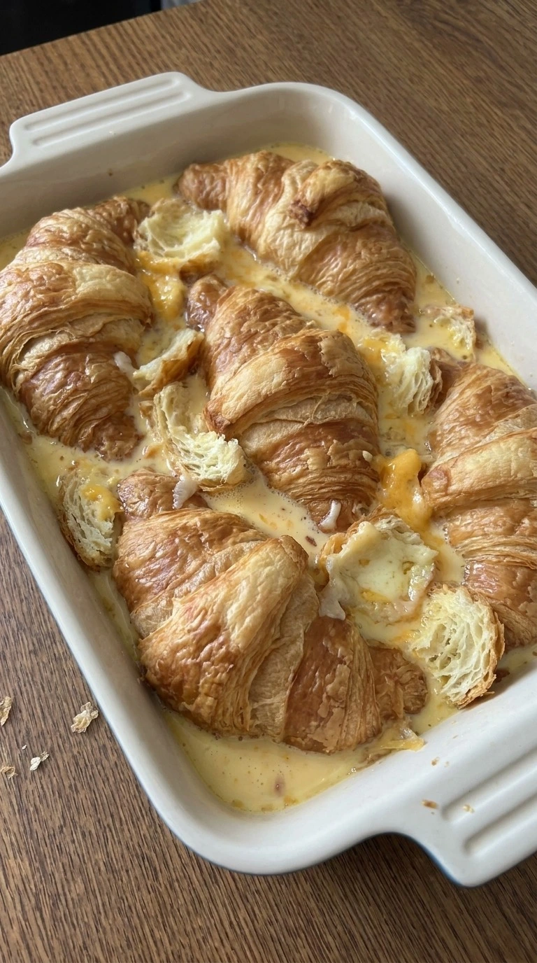 Croissant Breakfast Casserole with soaked croissant pieces before baking Recipe focus: overnight breakfast casserole.