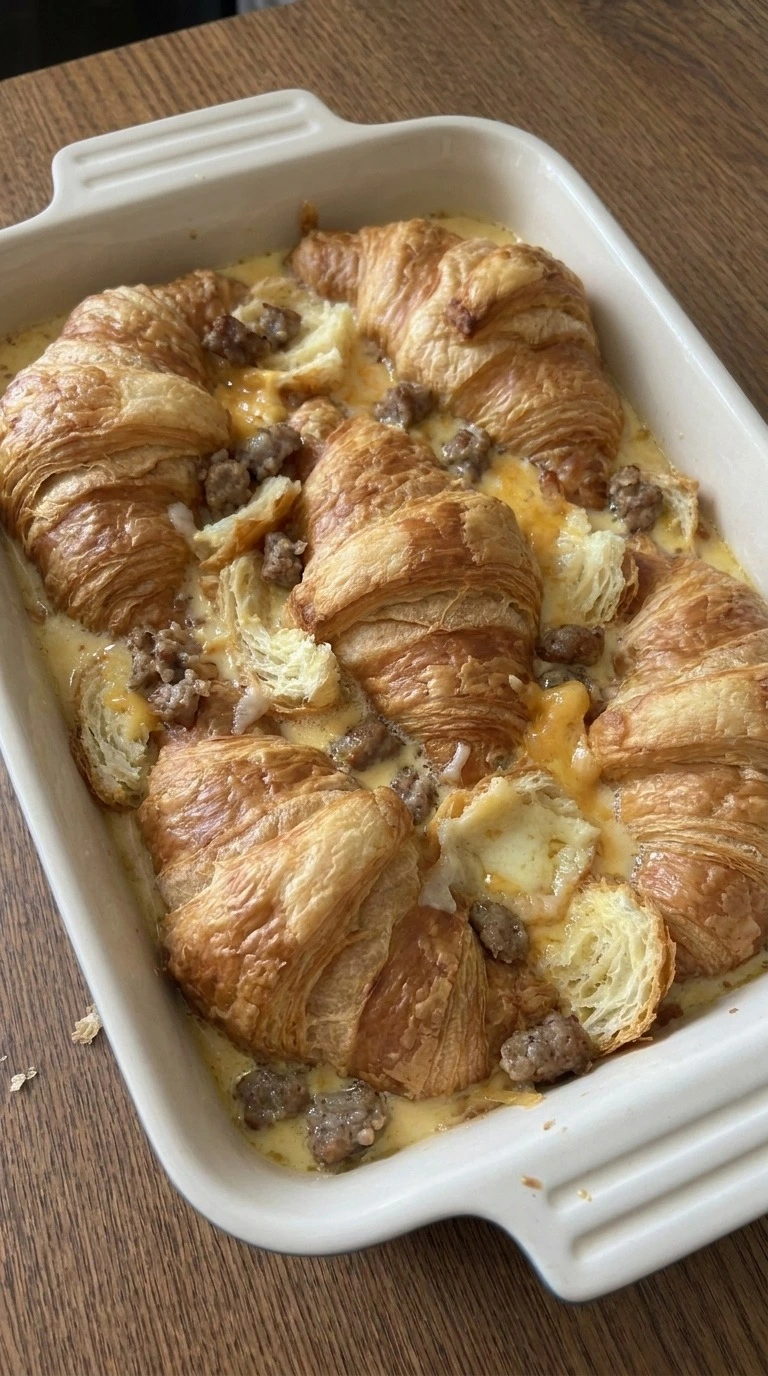 Croissant Breakfast Casserole layered with sausage and melted cheddar Recipe focus: breakfast casserole with hashbrowns.