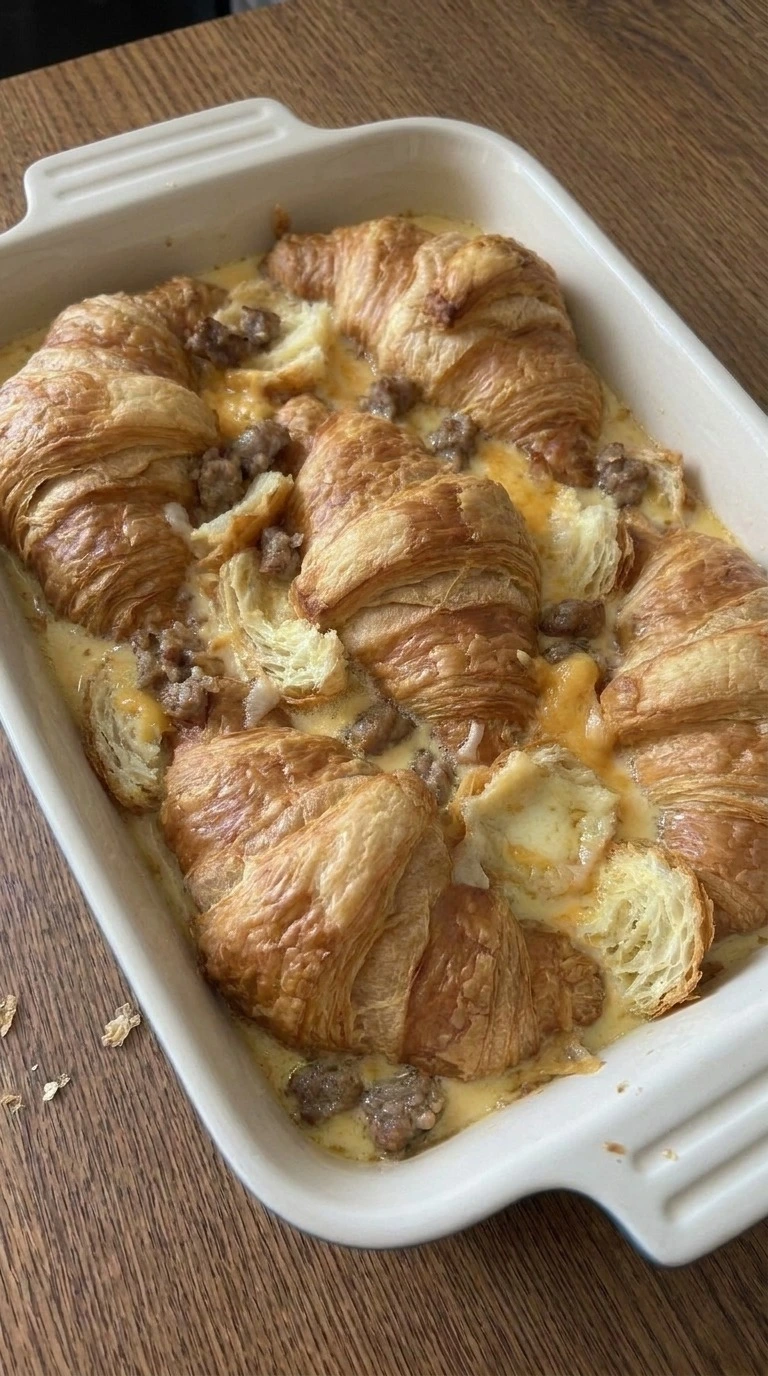 Croissant Breakfast Casserole baking with golden croissant top and cheese Recipe focus: breakfast casserole with hashbrowns.