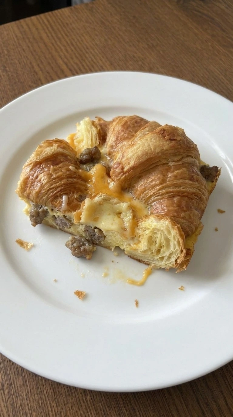 Croissant Breakfast Casserole serving slice showing flaky layers inside Recipe focus: easy breakfast casserole.