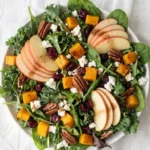 Fall Harvest Salad with roasted squash apples greens and toppings in a serving bowl Recipe focus: fall salad.