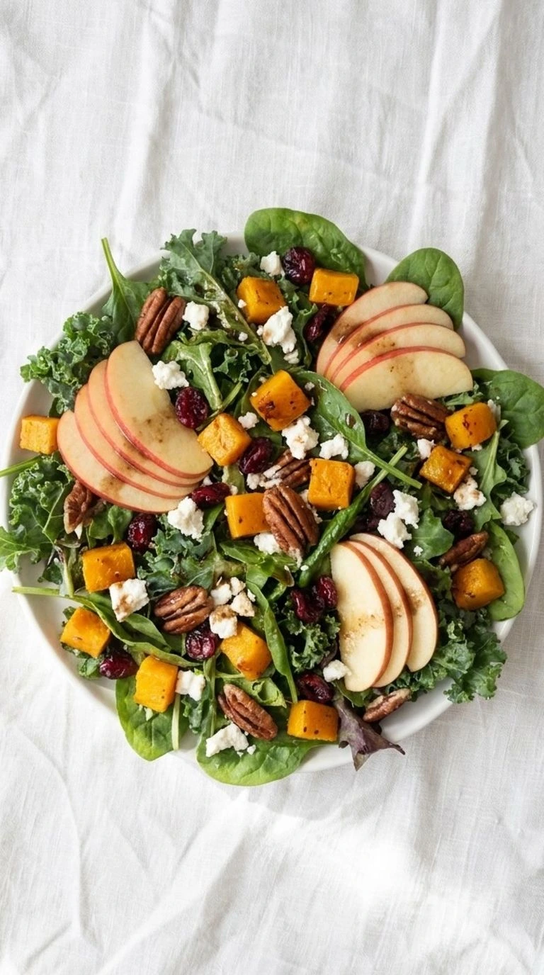 Fall Harvest Salad with roasted squash apples greens and toppings in a serving bowl Recipe focus: fall salad.