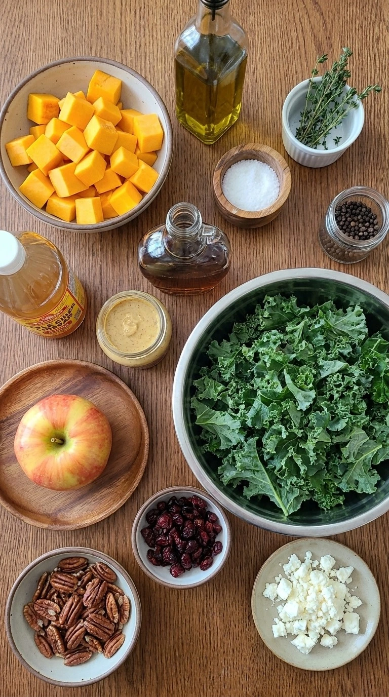 Fall Harvest Salad ingredients with squash apples greens and dressing components Recipe focus: fall quinoa salad.