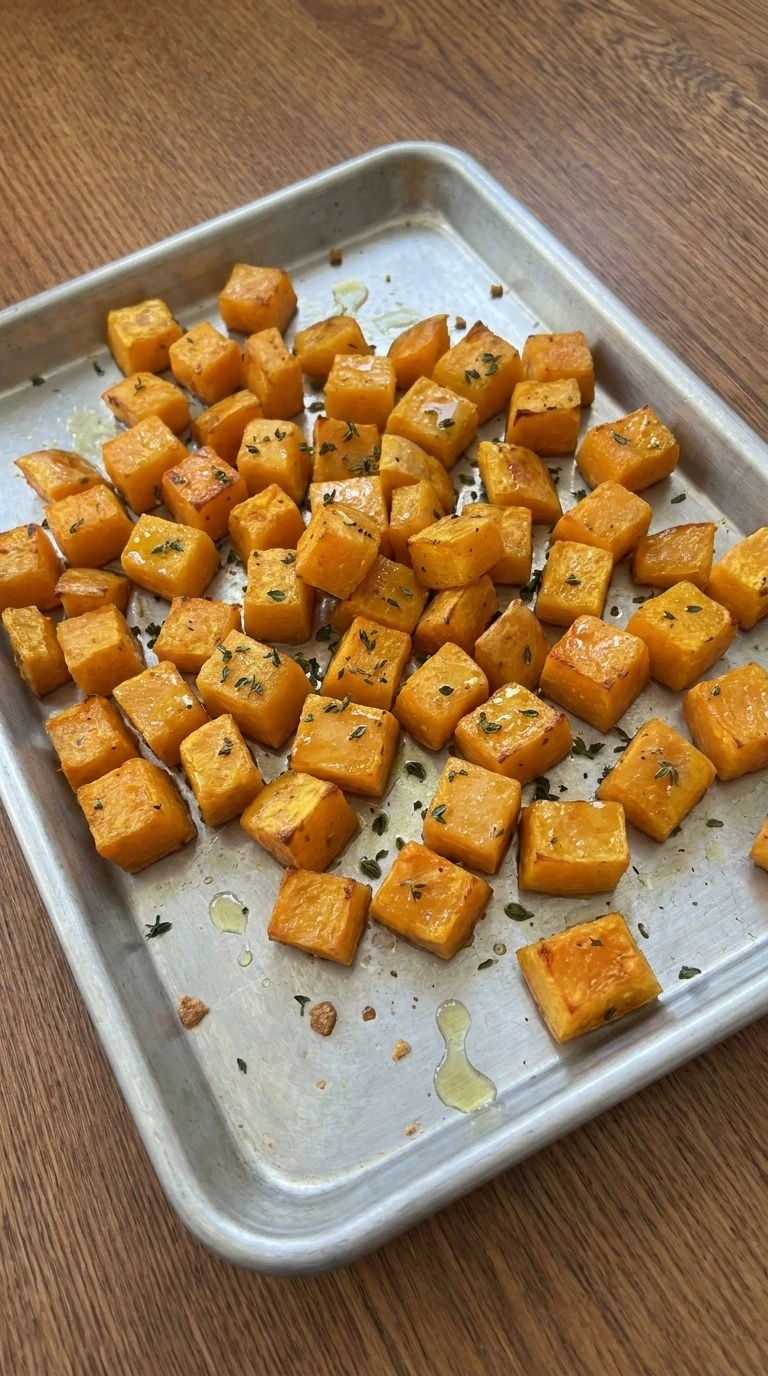 Fall Harvest Salad roasting step with golden butternut squash cubes Recipe focus: fall harvest pasta salad.
