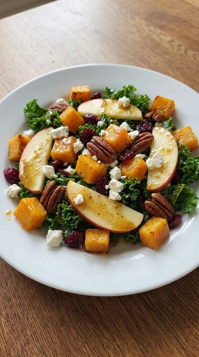 Fall Harvest Salad plated portion with roasted squash and fresh toppings Recipe focus: fall kale salad.