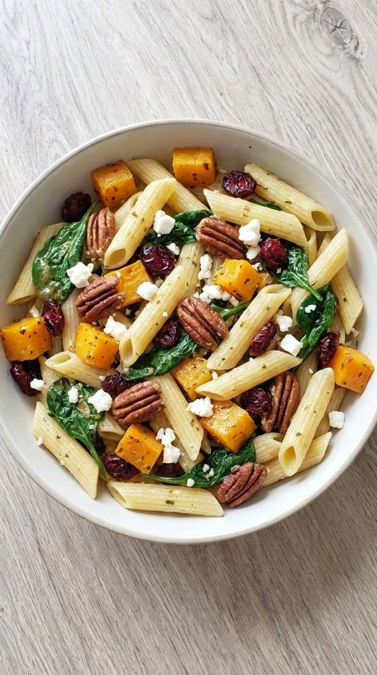 Fall Pasta Salad with penne and roasted vegetables in a serving bowl Recipe focus: fall salad. Recipe focus: fall pasta salad recipes.
