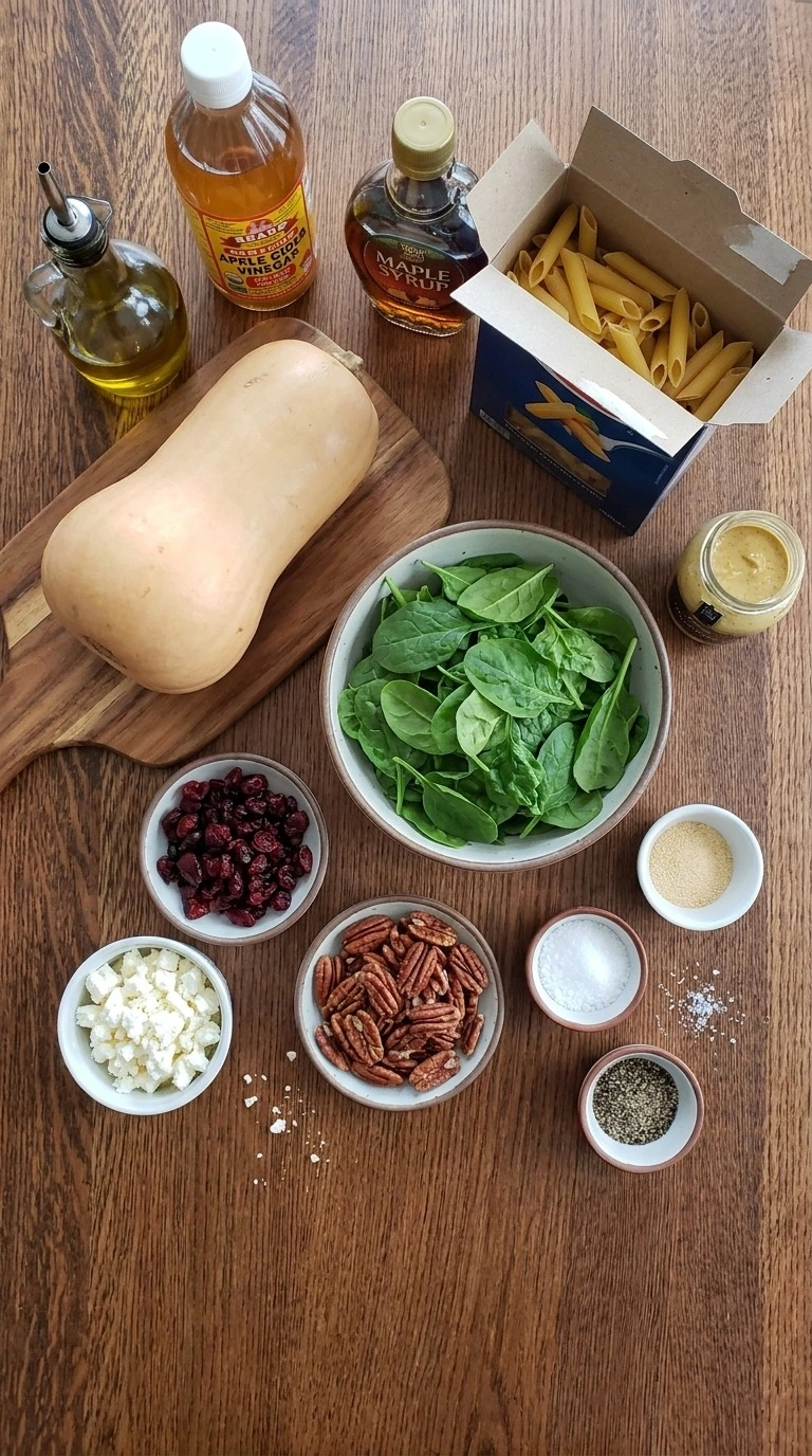 Fall Pasta Salad ingredients with penne squash spinach and autumn toppings Recipe focus: fall harvest pasta salad. Recipe focus: pasta salad recipes fall.