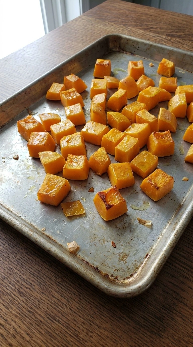 Fall Pasta Salad step 1 roasting butternut squash cubes with golden edges Recipe focus: vegan fall pasta salad. Recipe focus: fall salad.