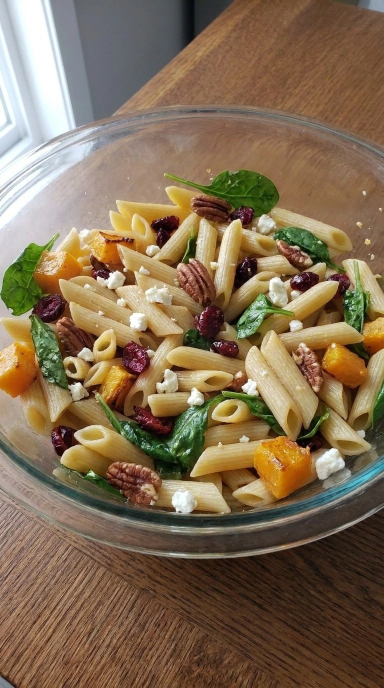 Fall Pasta Salad step 3 mixing penne with squash spinach and toppings Recipe focus: fall pasta salad recipes. Recipe focus: fall harvest pasta salad.
