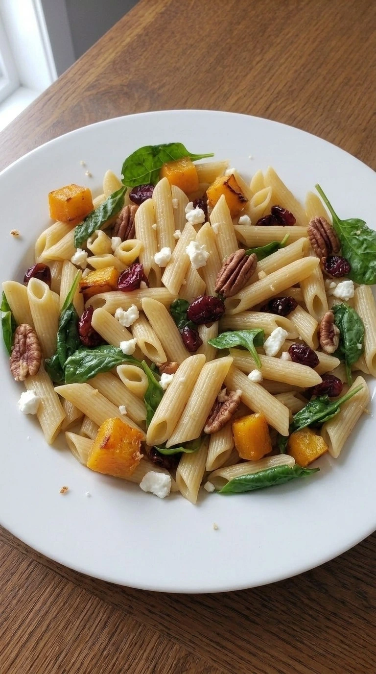 Fall Pasta Salad step 5 plated portion with penne squash and feta Recipe focus: fall harvest pasta salad. Recipe focus: pasta salad recipes fall.