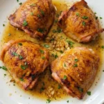 Garlic Butter Chicken Thighs with crispy golden skin and rich garlic sauce on a white serving plate Recipe focus: easy garlic butter chicken thighs.