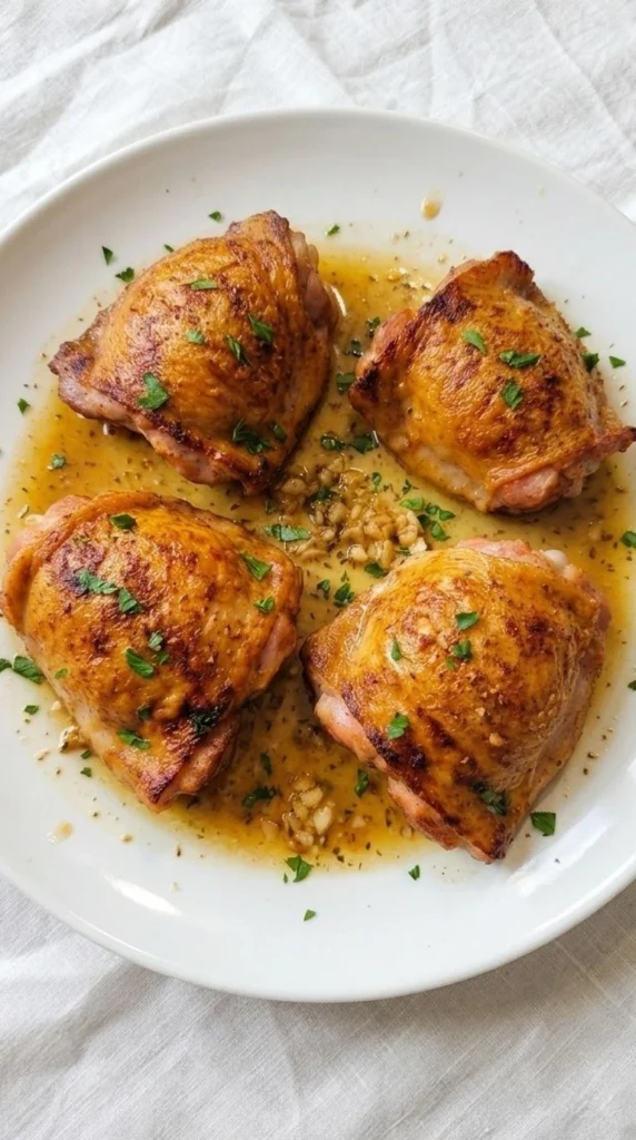 Garlic Butter Chicken Thighs with crispy golden skin and rich garlic sauce on a white serving plate Recipe focus: easy garlic butter chicken thighs.