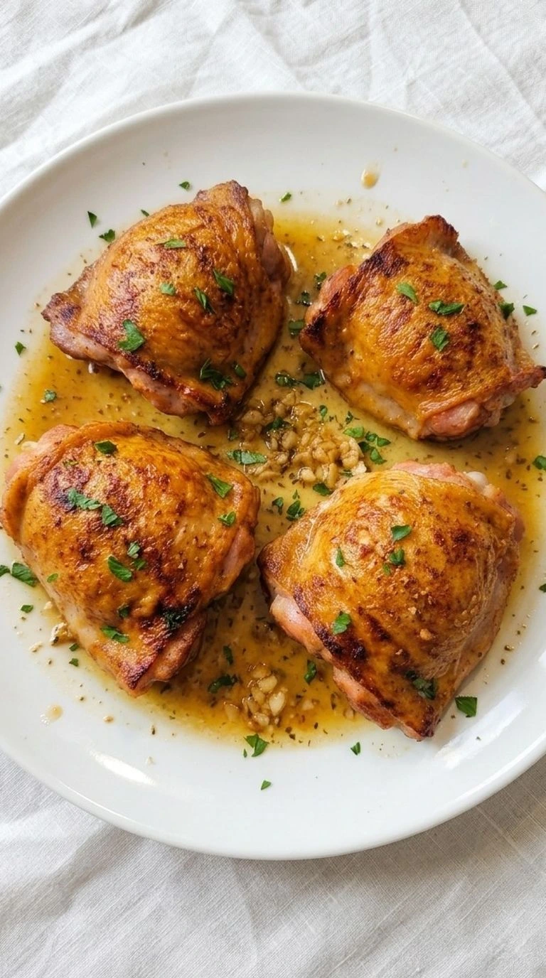 Garlic Butter Chicken Thighs with crispy golden skin and rich garlic sauce on a white serving plate Recipe focus: easy garlic butter chicken thighs.