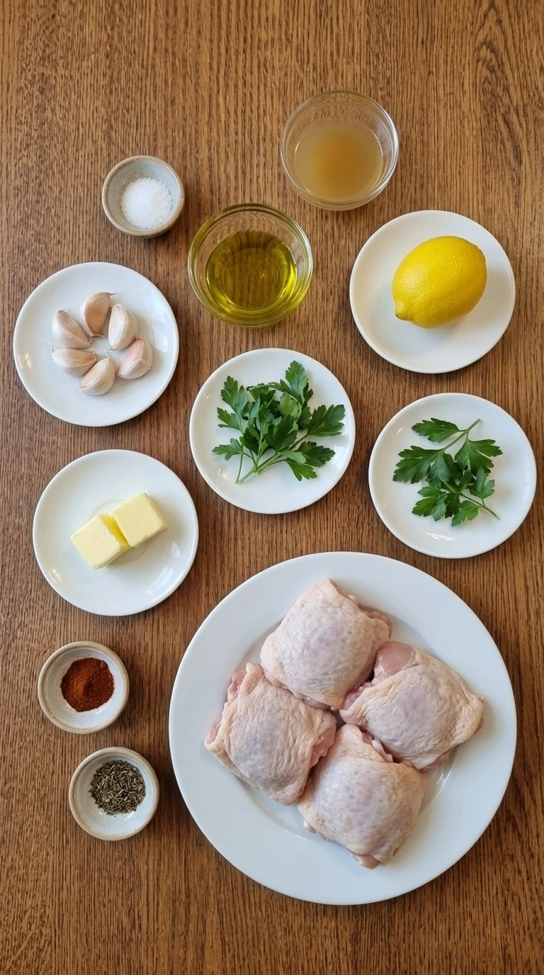 Garlic Butter Chicken Thighs ingredients including raw chicken, garlic, butter, lemon and seasonings Recipe focus: easy garlic butter chicken thighs.
