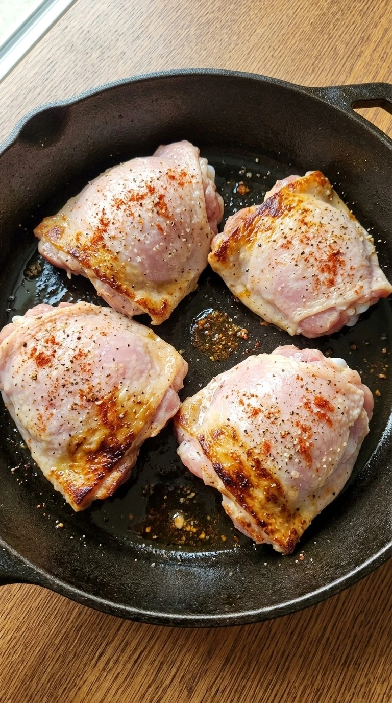 Garlic Butter Chicken Thighs beginning to sear with golden skin edges in a skillet Recipe focus: garlic butter chicken thighs recipe.