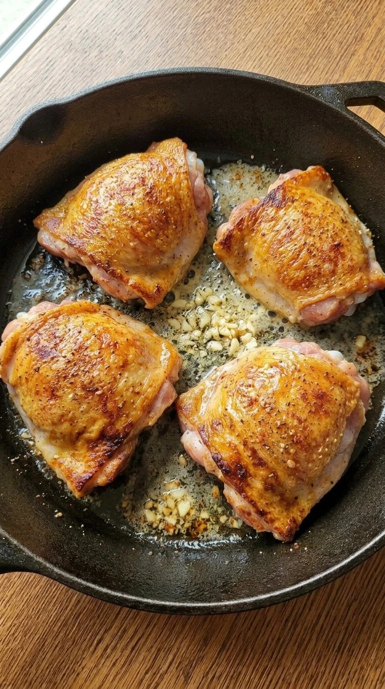 Garlic Butter Chicken Thighs skin side up as fresh minced garlic softens in melted butter Recipe focus: easy garlic butter chicken thighs.