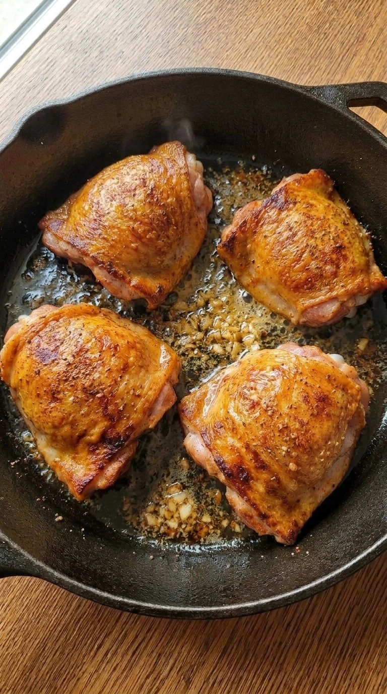 Garlic Butter Chicken Thighs roasted to a deep golden crust in reduced garlic pan sauce Recipe focus: easy garlic butter chicken thighs.