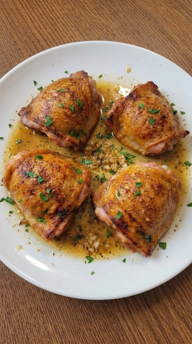 Garlic Butter Chicken Thighs plated with crisp amber skin, garlic sauce and fresh parsley Recipe focus: garlic butter chicken thighs recipe.