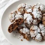 Gingerbread Crinkle Cookies with cracked powdered sugar tops on a serving plate Recipe focus: gluten free gingerbread crinkle cookies.