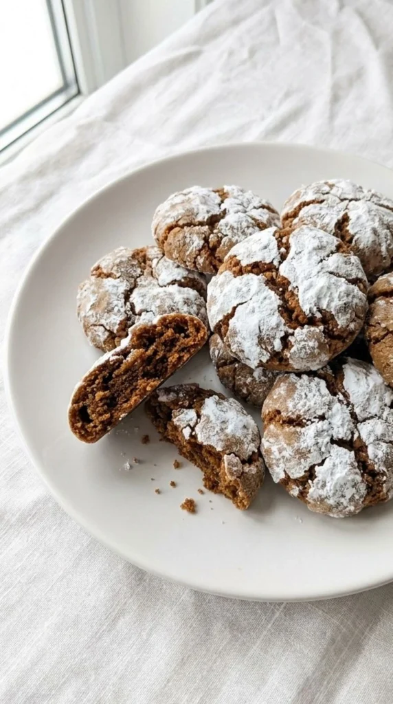 Gingerbread Crinkle Cookies with cracked powdered sugar tops on a serving plate Recipe focus: gluten free gingerbread crinkle cookies.
