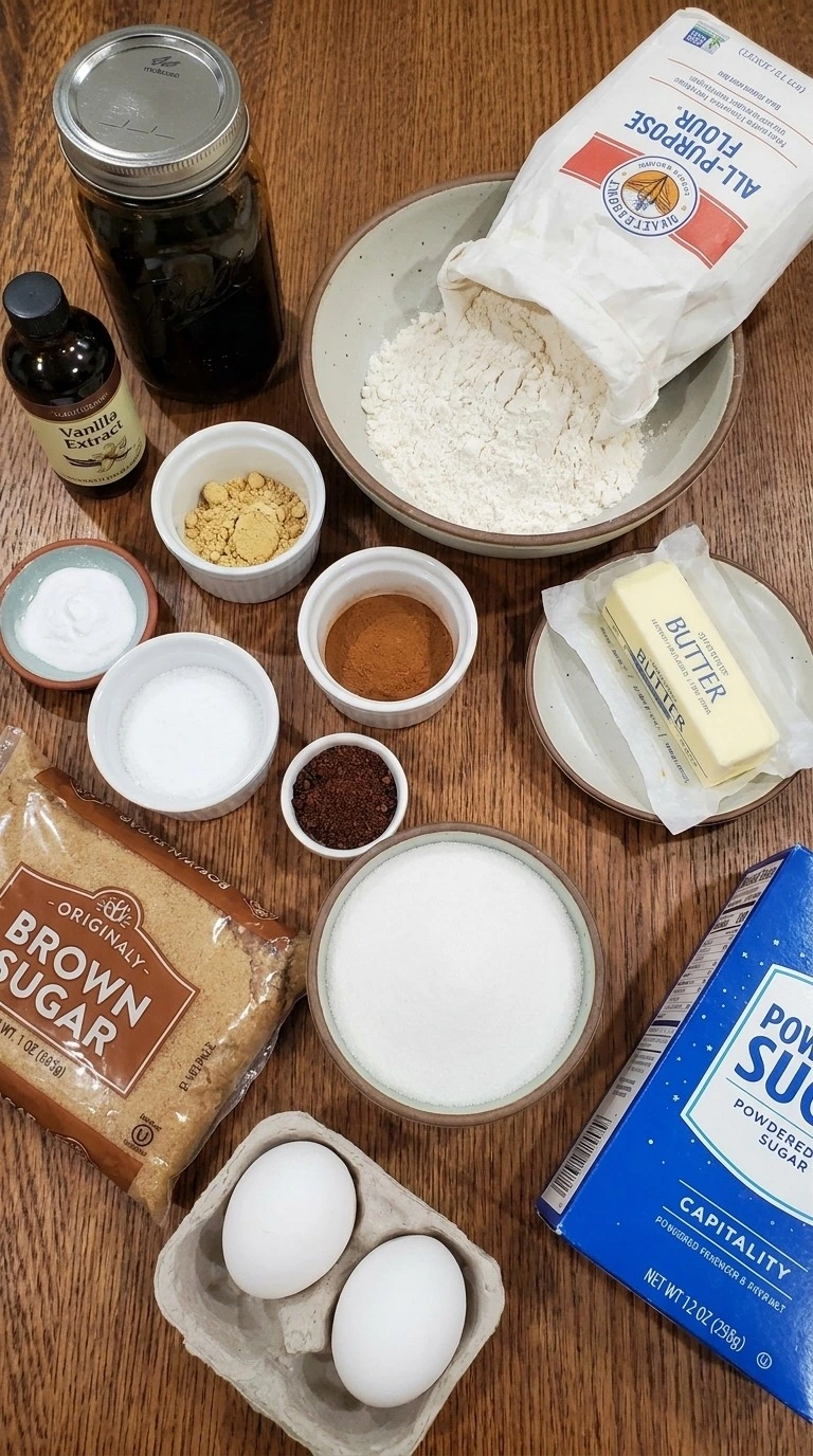 Gingerbread Crinkle Cookies ingredients including flour spices molasses and sugar Recipe focus: soft gingerbread cookies.