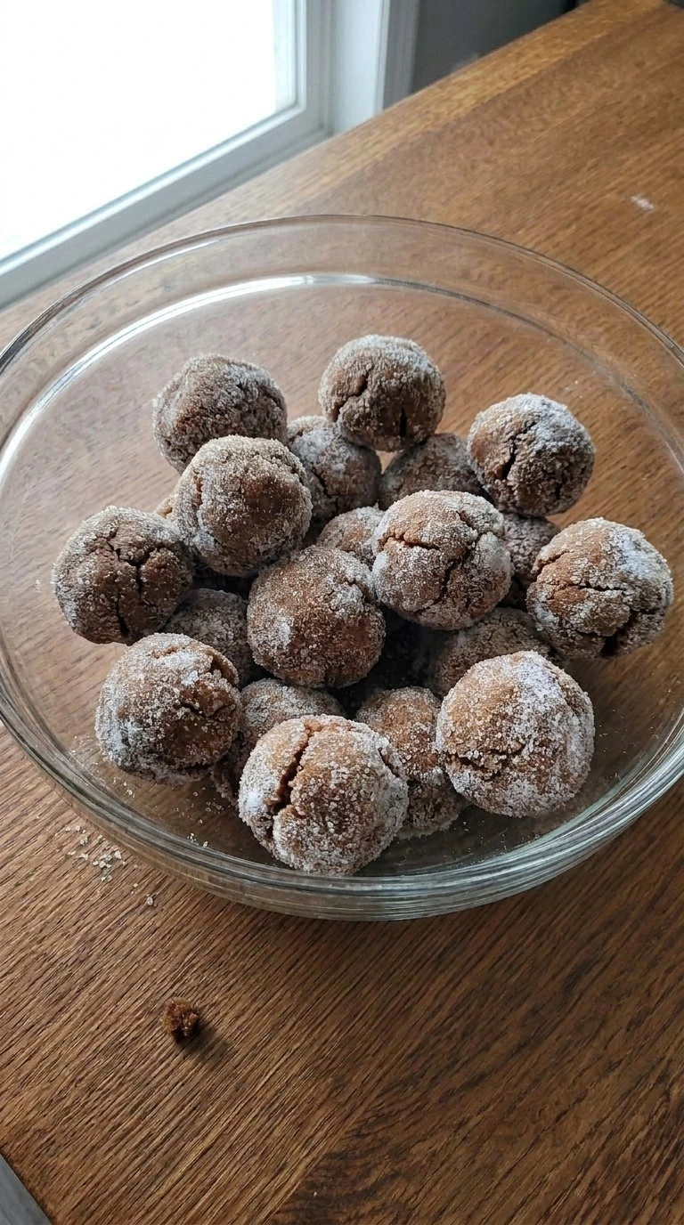 Gingerbread Crinkle Cookies dough balls coated with powdered sugar Recipe focus: gluten free gingerbread crinkle cookies.