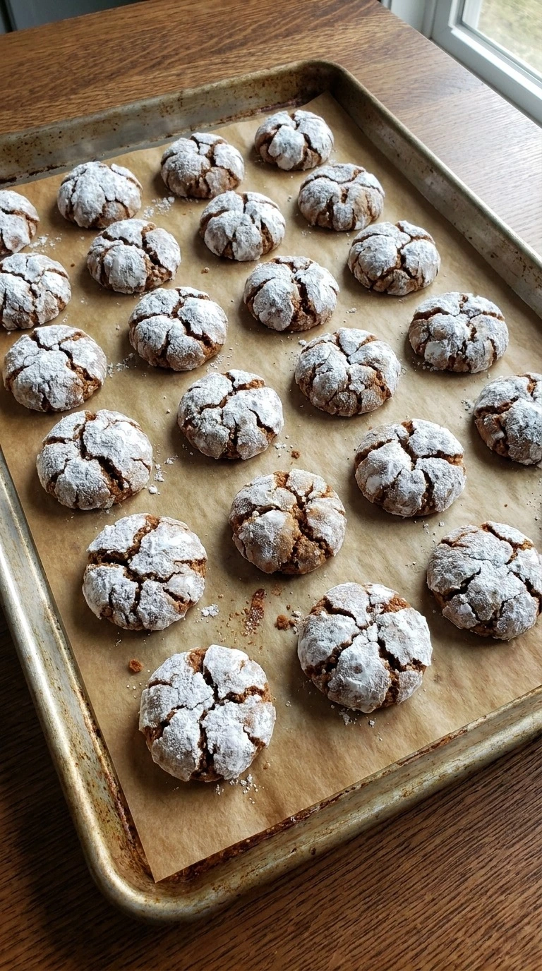 Gingerbread Crinkle Cookies baking with cracked sugar tops on tray Recipe focus: gingerbread cookies.