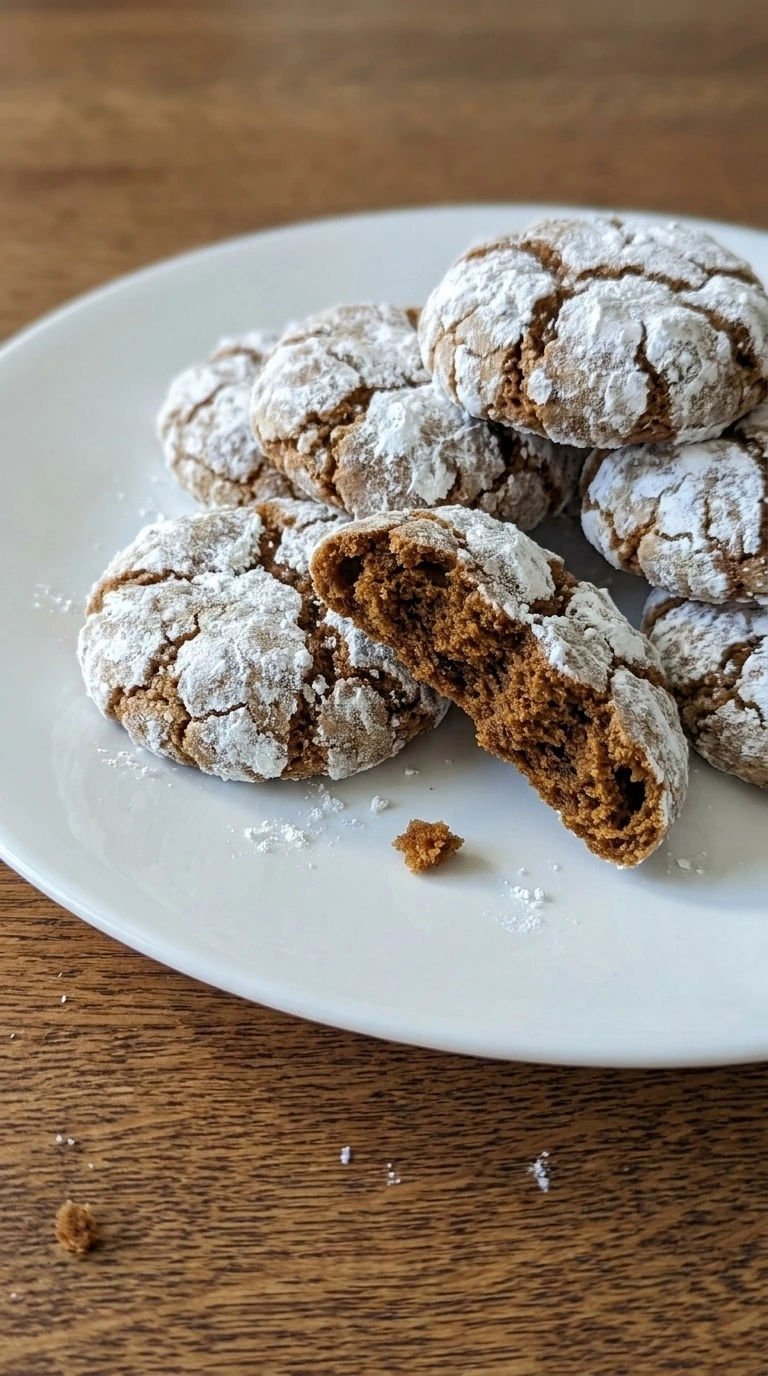 Gingerbread Crinkle Cookies served with soft cracked centers on plate Recipe focus: gingerbread cookies decorated.
