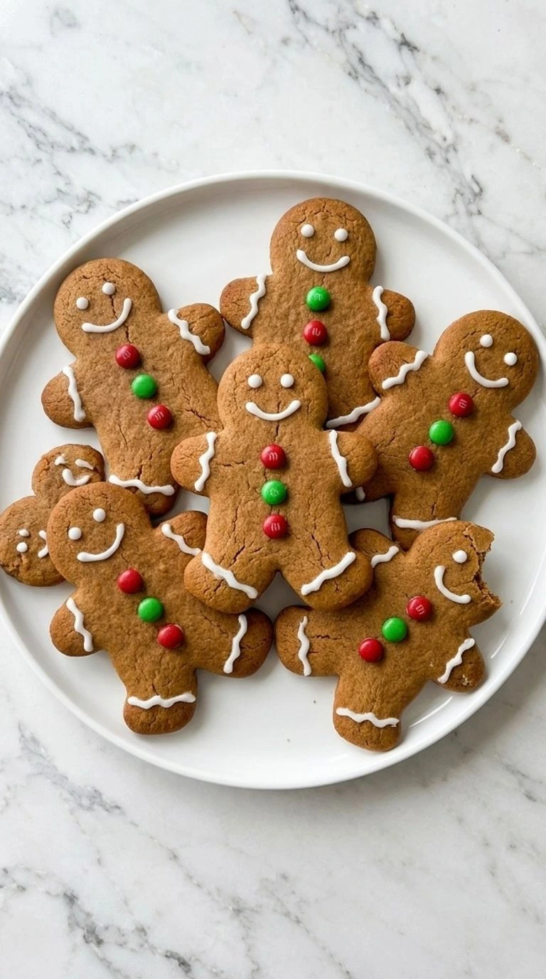Gingerbread Man Cookies with white icing faces and colorful buttons arranged on a white serving plate Recipe focus: gingerbread cookies.