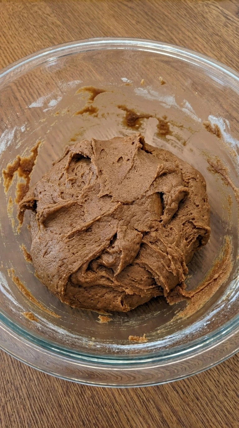 Gingerbread Man Cookies dough mixed with flour, cinnamon, ginger and molasses in a large glass bowl Recipe focus: gingerbread cookies.