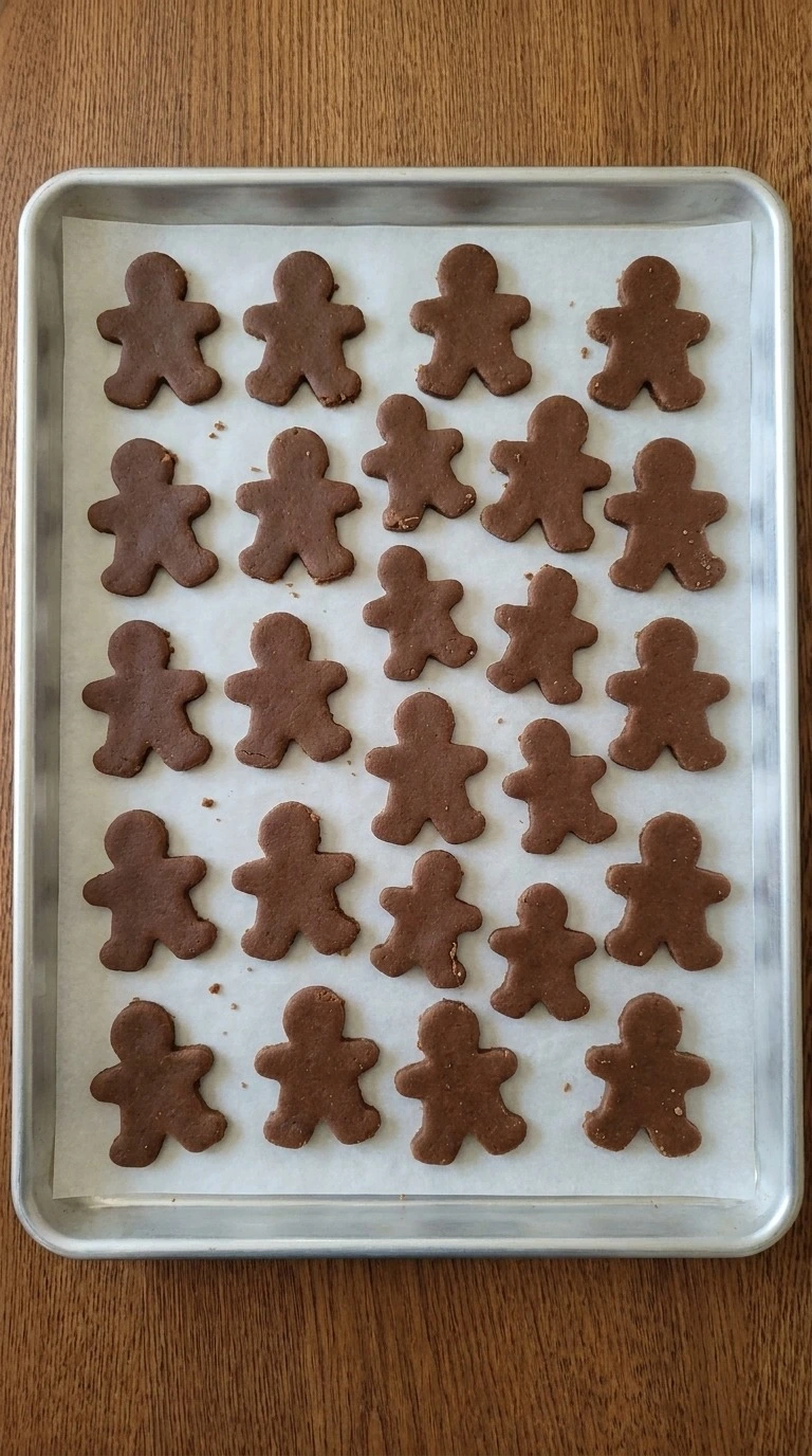 Gingerbread Man Cookies cut into people shapes and arranged on a parchment-lined baking sheet Recipe focus: gingerbread cookies decorated.
