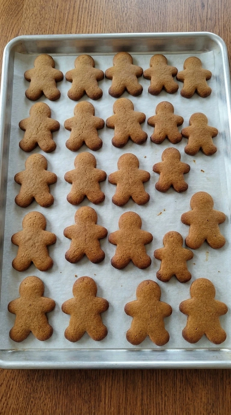 Gingerbread Man Cookies with matte brown centers and darker amber edges on a lined baking sheet Recipe focus: soft gingerbread cookies.