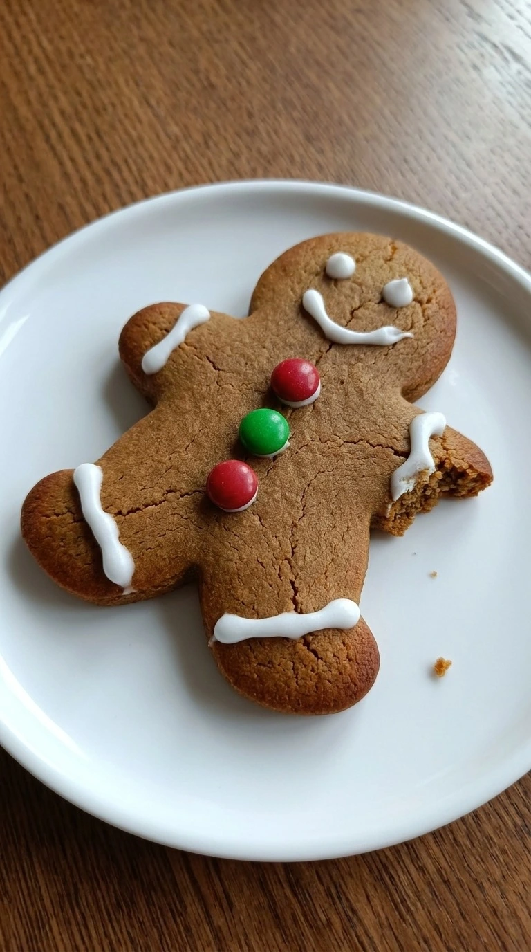 Gingerbread Man Cookies decorated with white icing smiles and red and green candy buttons Recipe focus: easy gingerbread cookies.