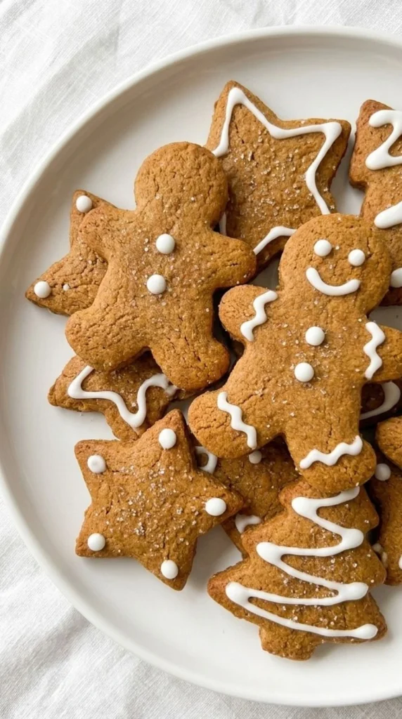 Gluten Free Gingerbread Cookies holiday cutouts on a plate with soft centers Recipe focus: gingerbread cookies gluten free.
