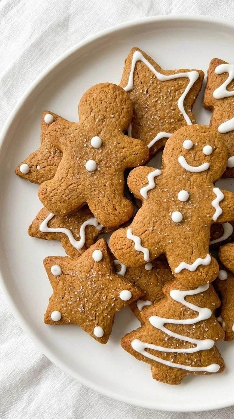 Gluten Free Gingerbread Cookies holiday cutouts on a plate with soft centers Recipe focus: gingerbread cookies gluten free.