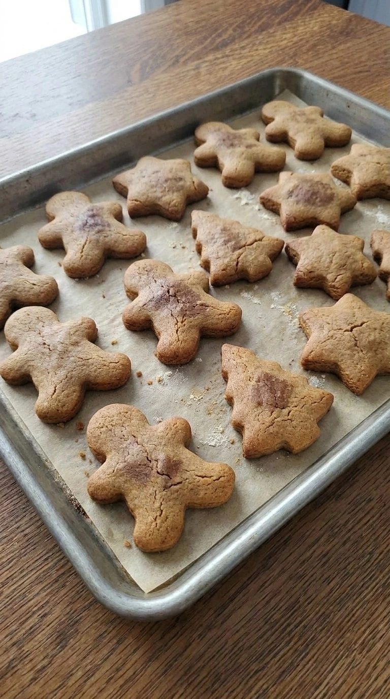 Gluten Free Gingerbread Cookies baking with golden edges on tray Recipe focus: dairy and gluten free gingerbread cookies.