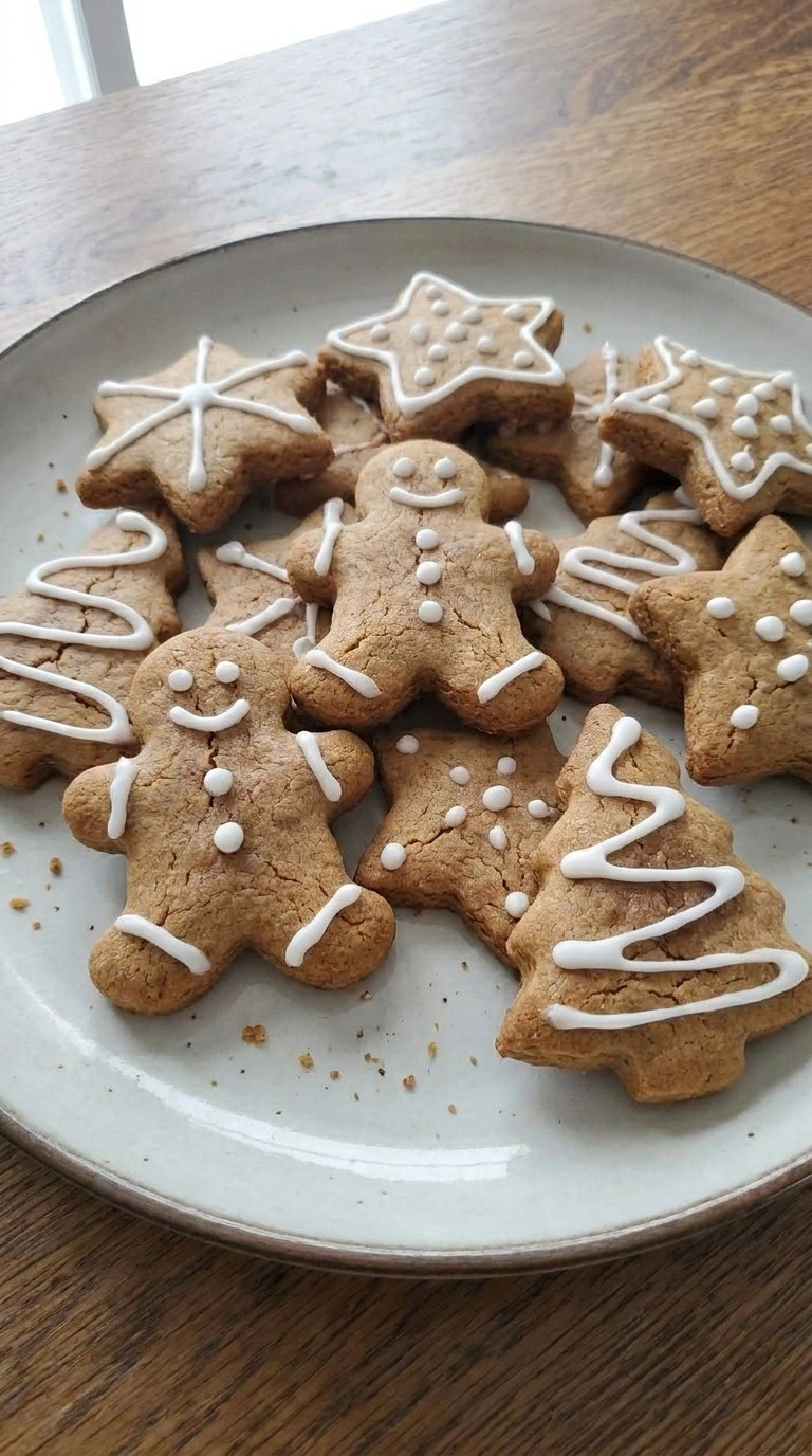 Gluten Free Gingerbread Cookies decorated with icing on serving plate Recipe focus: gluten free gingerbread crinkle cookies.