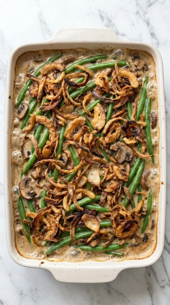 Green Bean Casserole with Fresh Green Beans baked with creamy mushroom sauce and crisp golden onions Recipe focus: green bean casserole easy.