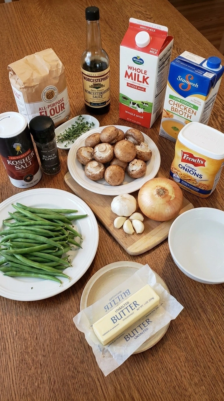 Green Bean Casserole with Fresh Green Beans ingredients including fresh beans mushrooms milk and crisp Recipe focus: green bean casserole with fresh beans.