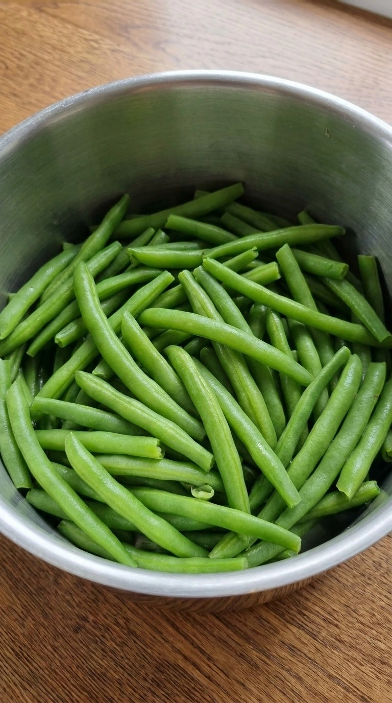 Green Bean Casserole with Fresh Green Beans step showing bright green beans just after blanching Recipe focus: green bean casserole from scratch.