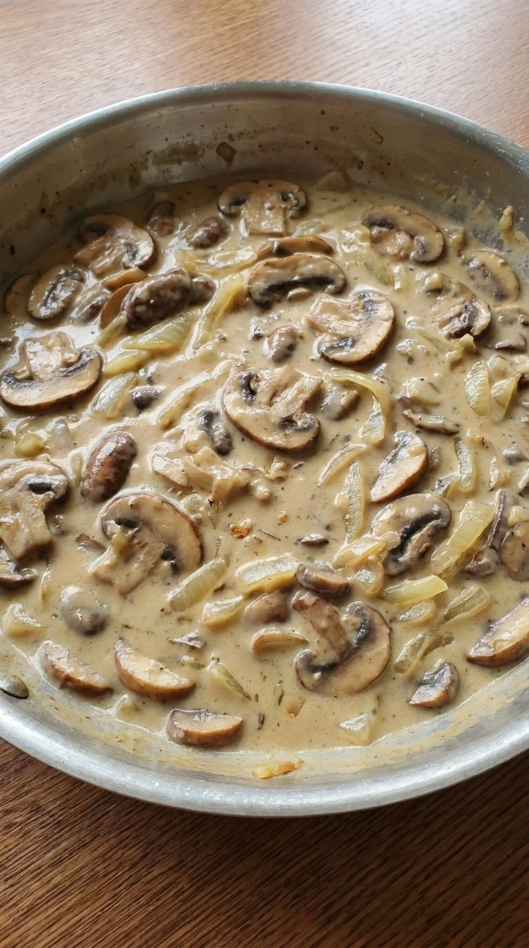 Green Bean Casserole with Fresh Green Beans step with thick mushroom sauce and sliced cremini mushrooms Recipe focus: green bean casserole easy.